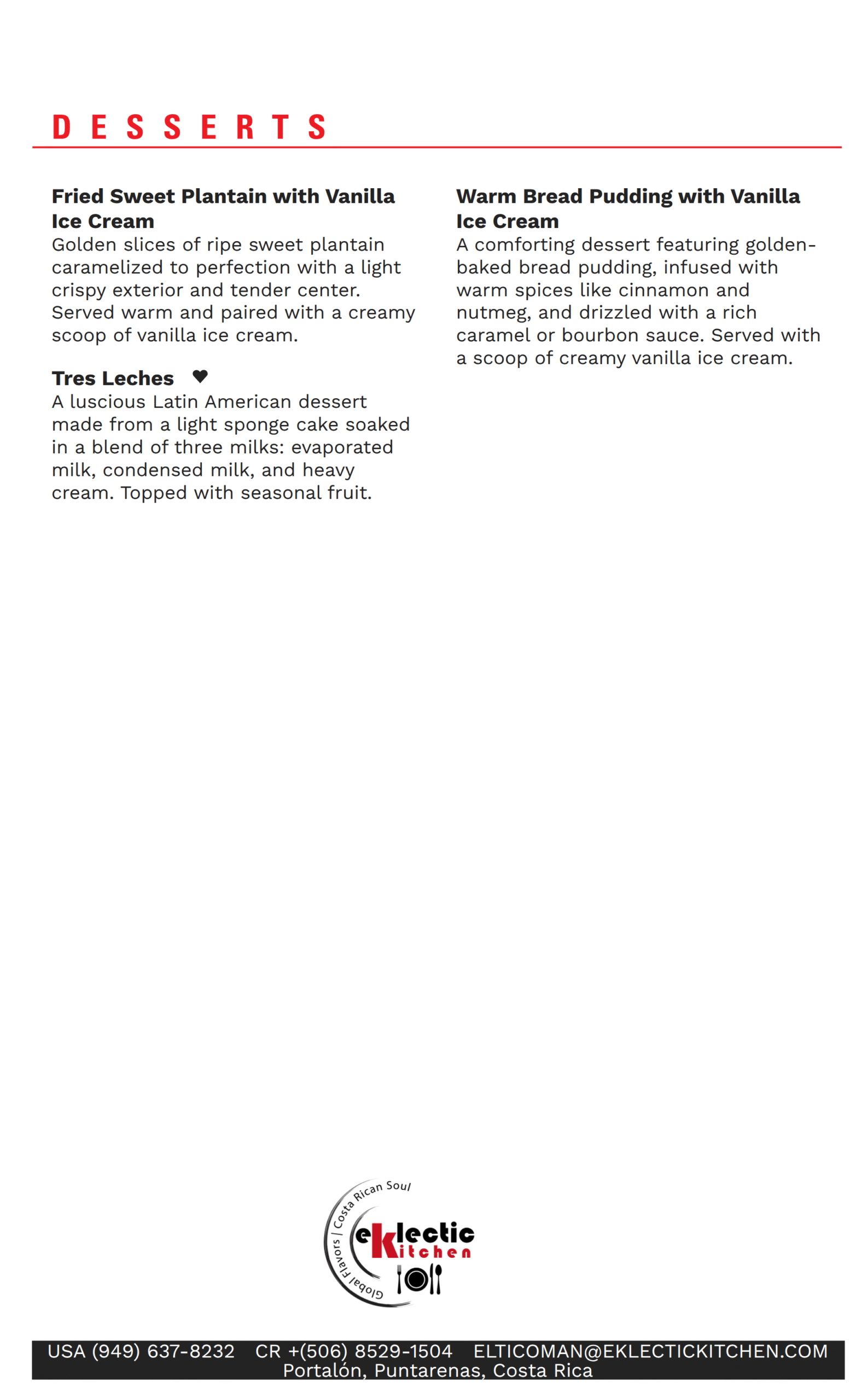 Eklectic Kitchen Dessert Menu